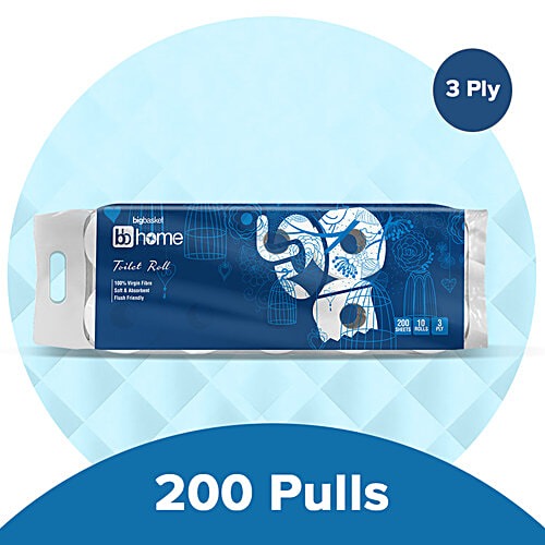 Toilet Tissue Paper Roll - 3 Ply, 200 Pulls (Pack of 10)
